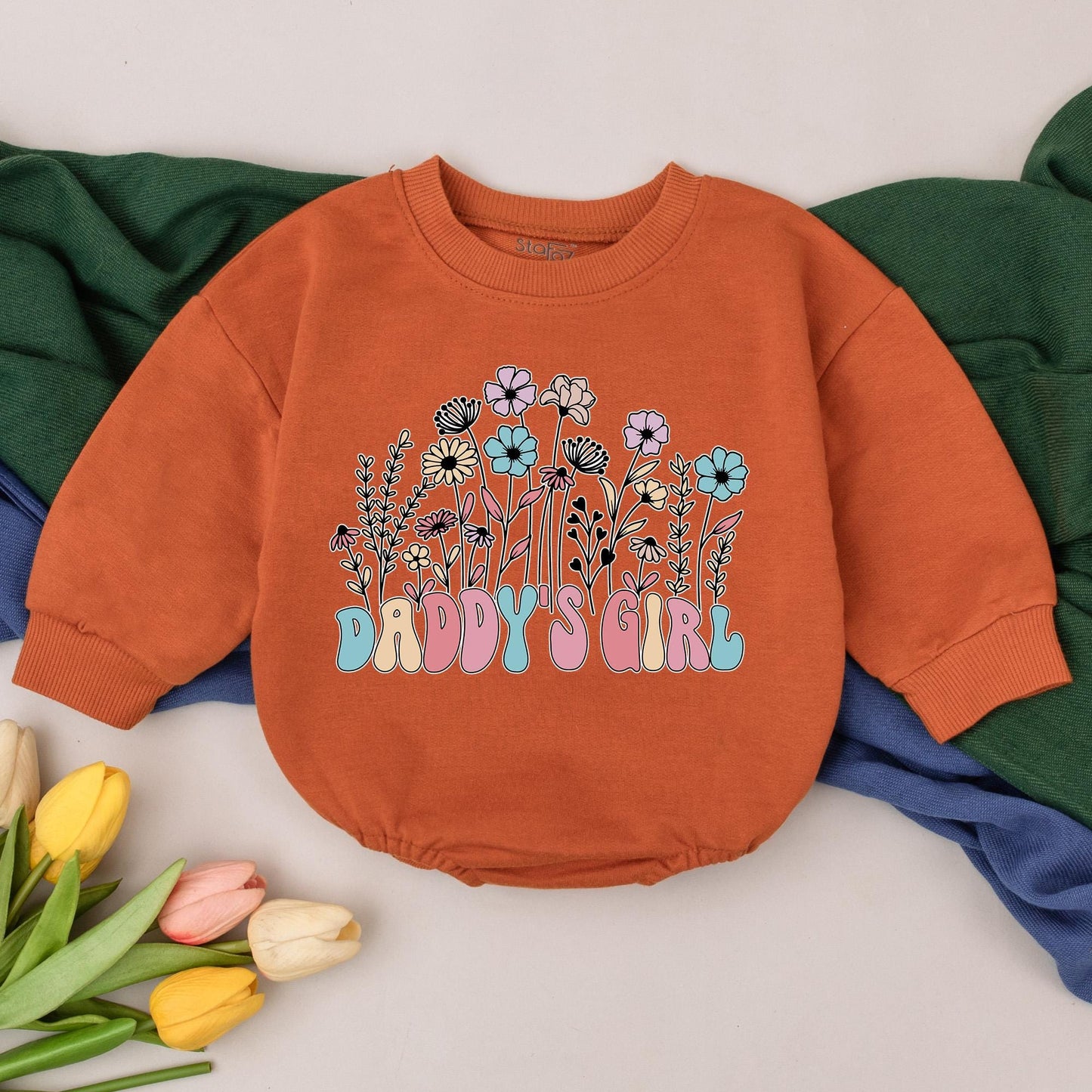 Daddy's Girl Floral Bubble Romper Baby Girl Father's Day Gift Newborn Outfit Pastel Colors Whimsical Retro Design Daddy & Me