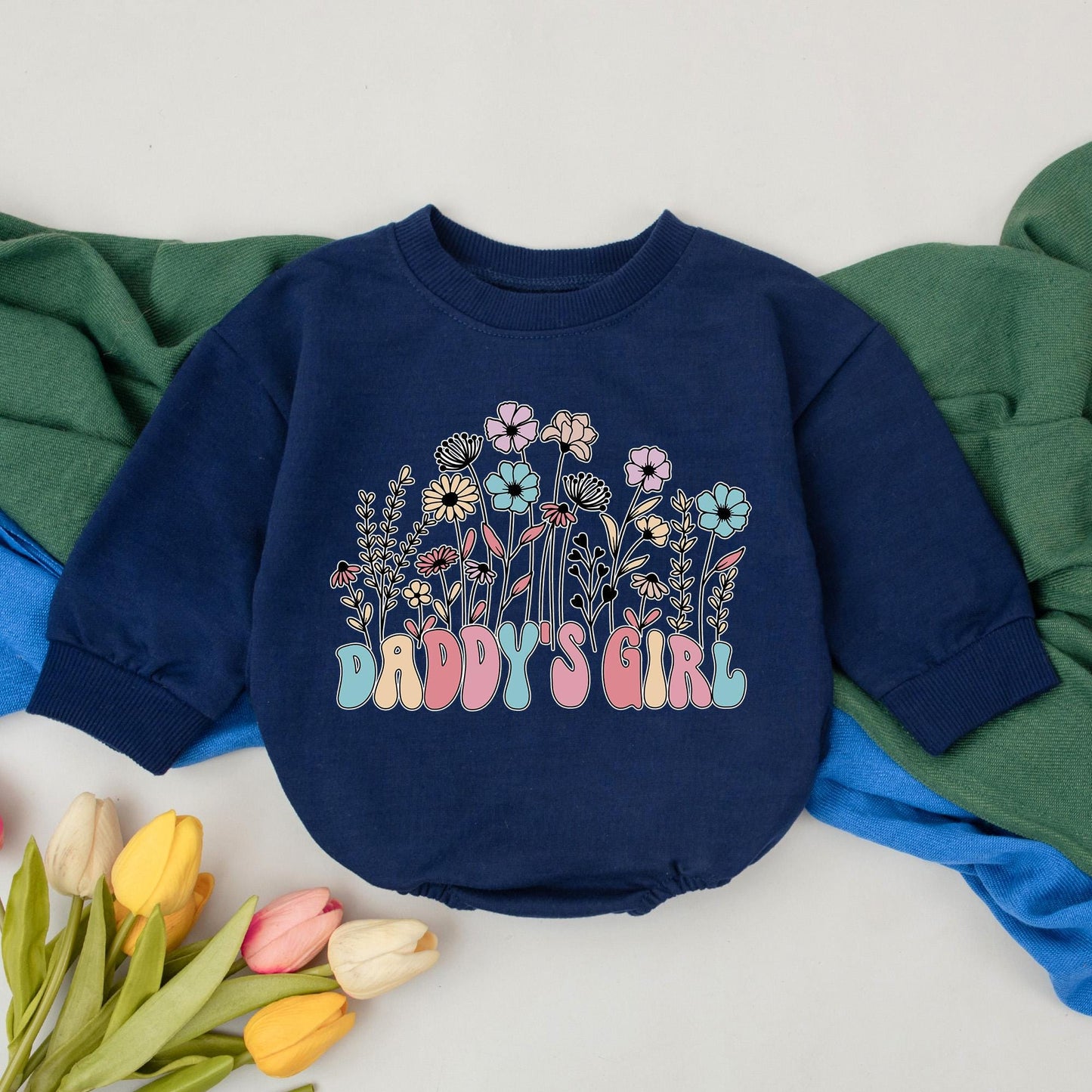 Daddy's Girl Floral Bubble Romper Baby Girl Father's Day Gift Newborn Outfit Pastel Colors Whimsical Retro Design Daddy & Me