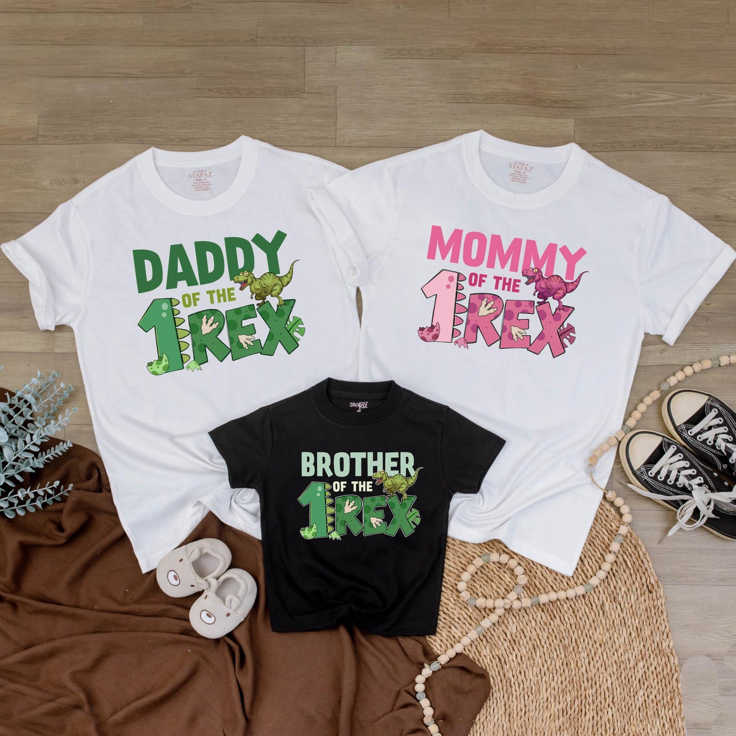 Personalized Three Rex Birthday Shirts - Matching Dinosaur Family Tees - Custom Name Age Outfit, Mom Dad Brother Sister Shirts Cotton Comfort 138