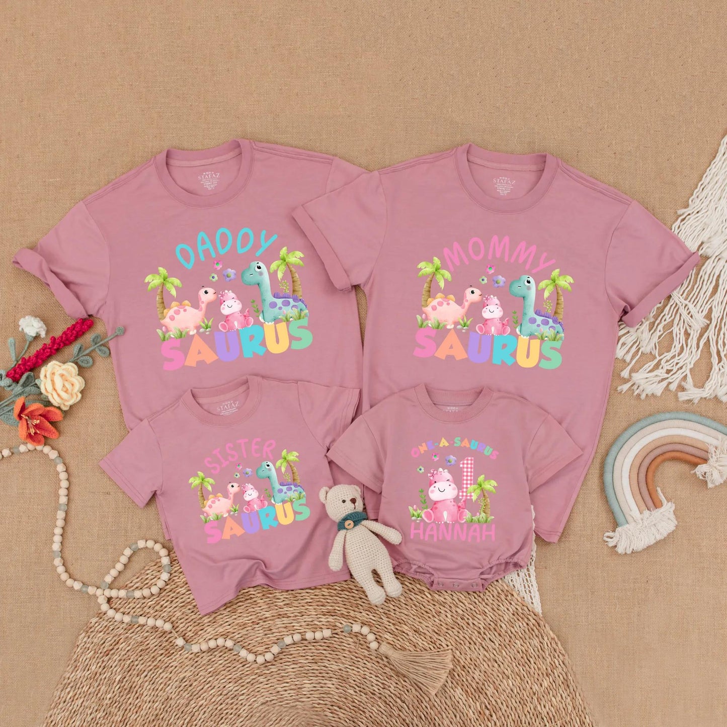 Matching Dinosaur Family Birthday Shirts: One-a-Saurus Romper with Name for Baby Girl First Birthday Outfit, Daddy Saurus & More