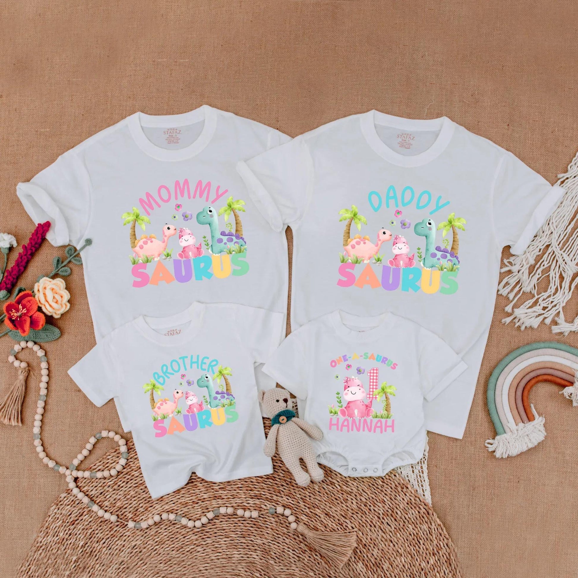 Matching Dinosaur Family Birthday Shirts: One-a-Saurus Romper with Name for Baby Girl First Birthday Outfit, Daddy Saurus & More