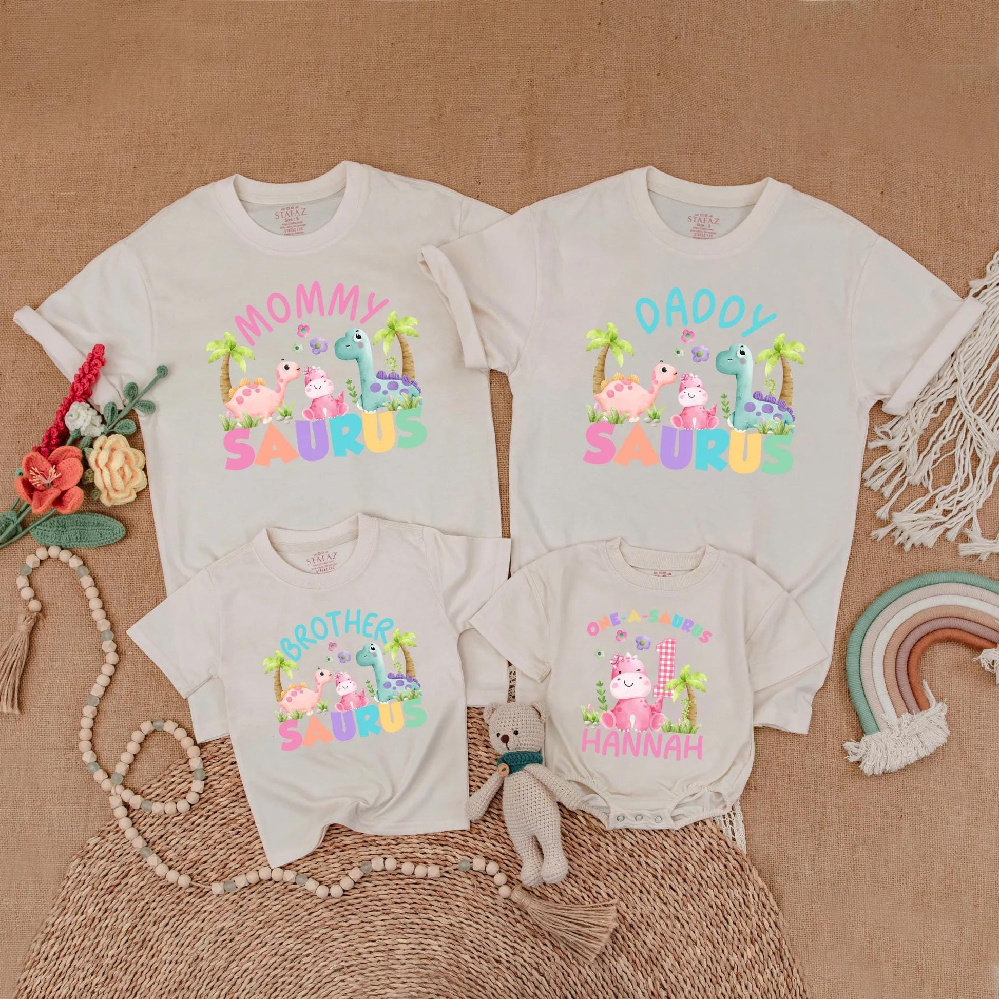 Matching Dinosaur Family Birthday Shirts: One-a-Saurus Romper with Name for Baby Girl First Birthday Outfit, Daddy Saurus & More