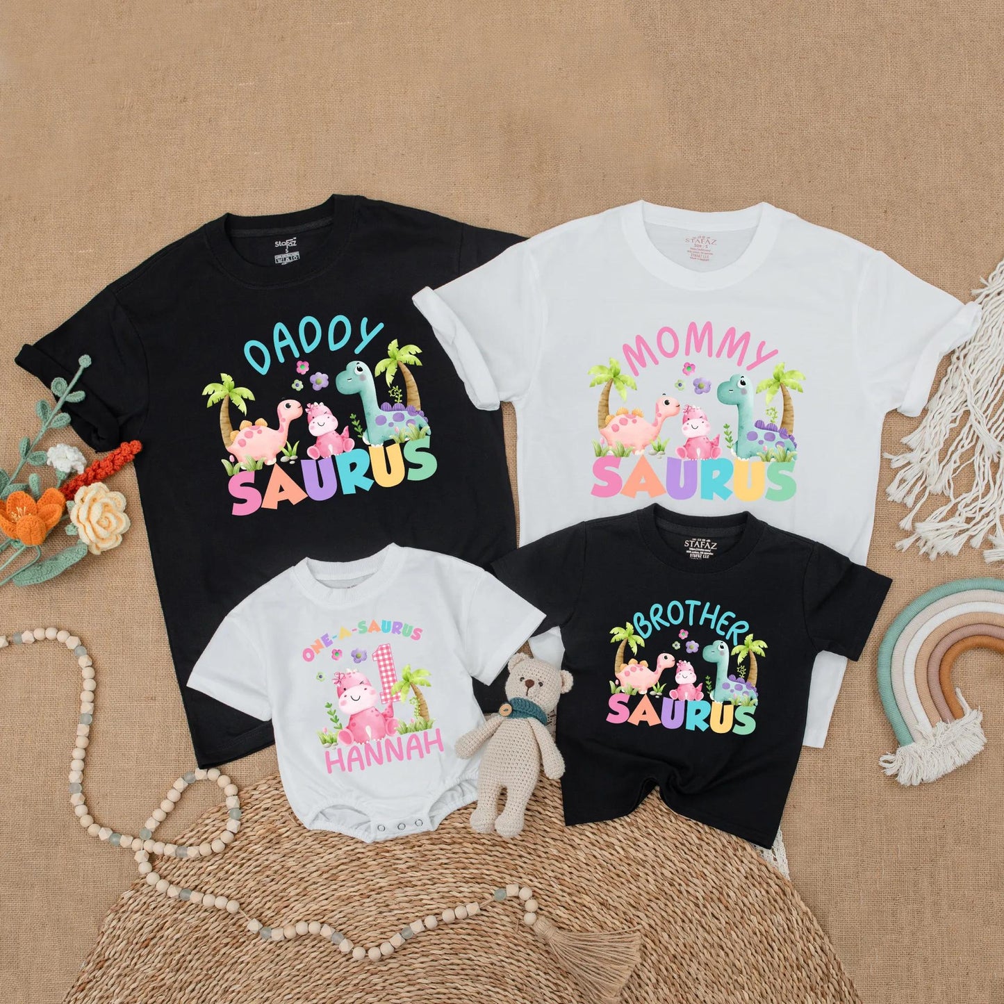 Matching Dinosaur Family Birthday Shirts: One-a-Saurus Romper with Name for Baby Girl First Birthday Outfit, Daddy Saurus & More