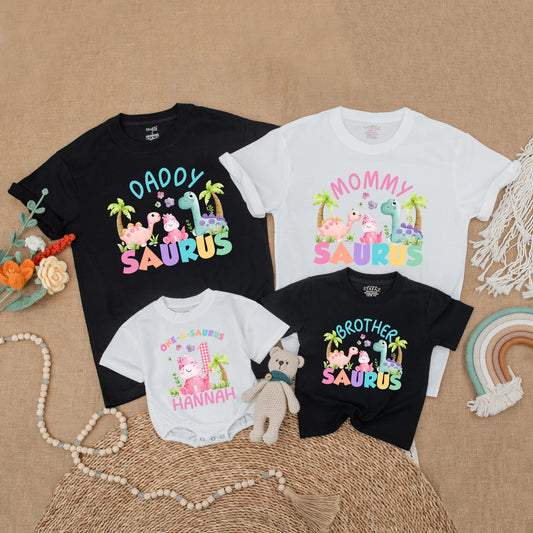 Matching Dinosaur Family Birthday Shirts: One-a-Saurus Romper with Name for Baby Girl First Birthday Outfit, Daddy Saurus & More