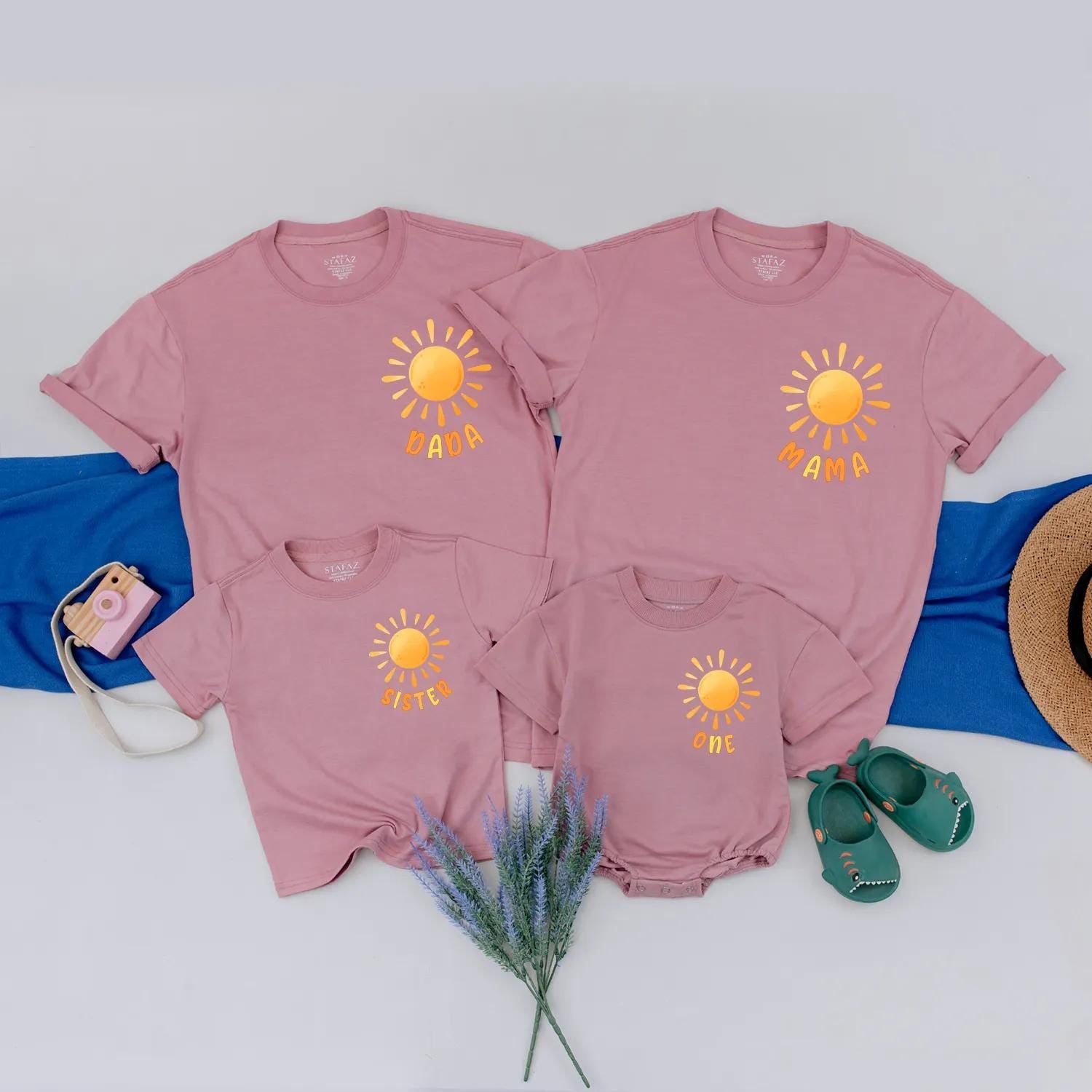 Personalized Sunshine Family Matching Birthday Shirts for Baby's First 1st Birthday Party Boho Sun Design Comfortable Cotton Outfits