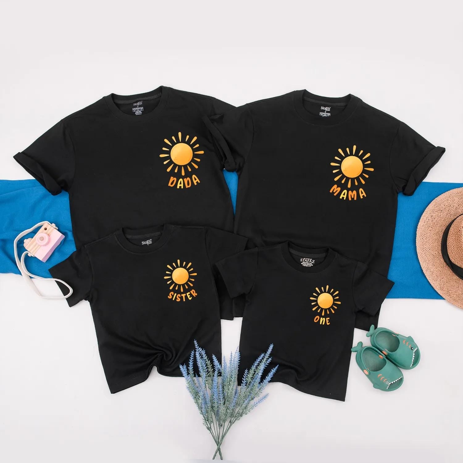 Personalized Sunshine Family Matching Birthday Shirts for Baby's First 1st Birthday Party Boho Sun Design Comfortable Cotton Outfits