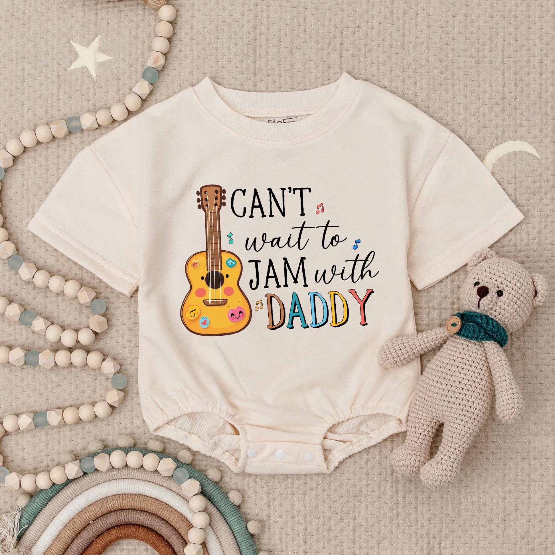 Can't Wait to Jam with Daddy Baby Romper Guitar Music Notes Cute Rainbow Daddy's Music Buddy Infant Bodysuit