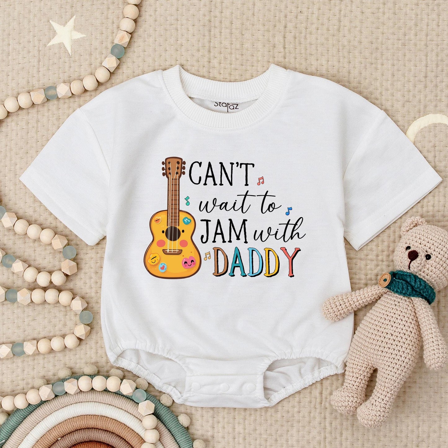 Can't Wait to Jam with Daddy Baby Romper Guitar Music Notes Cute Rainbow Daddy's Music Buddy Infant Bodysuit
