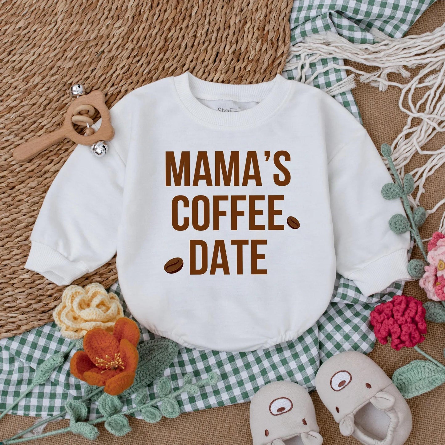 Mama's Coffee Date Baby Bubble Romper Long Sleeve Little Bean Bodysuit Neutral Cozy Minimalist Coming Home Outfit Trendy Baby Shower Gift