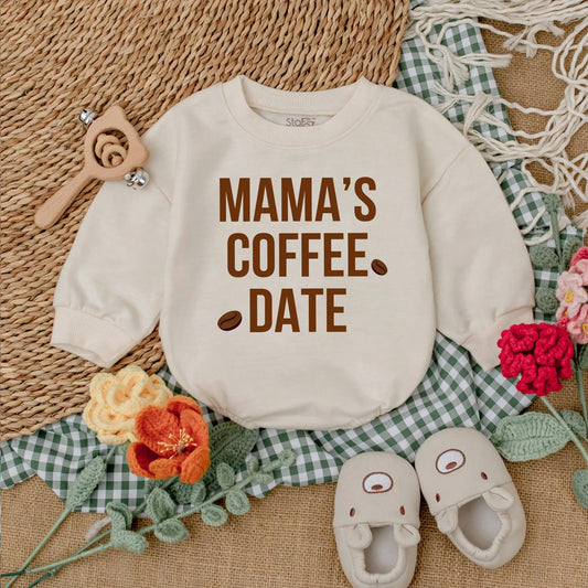 Mama's Coffee Date Baby Bubble Romper Long Sleeve Little Bean Bodysuit Neutral Cozy Minimalist Coming Home Outfit Trendy Baby Shower Gift