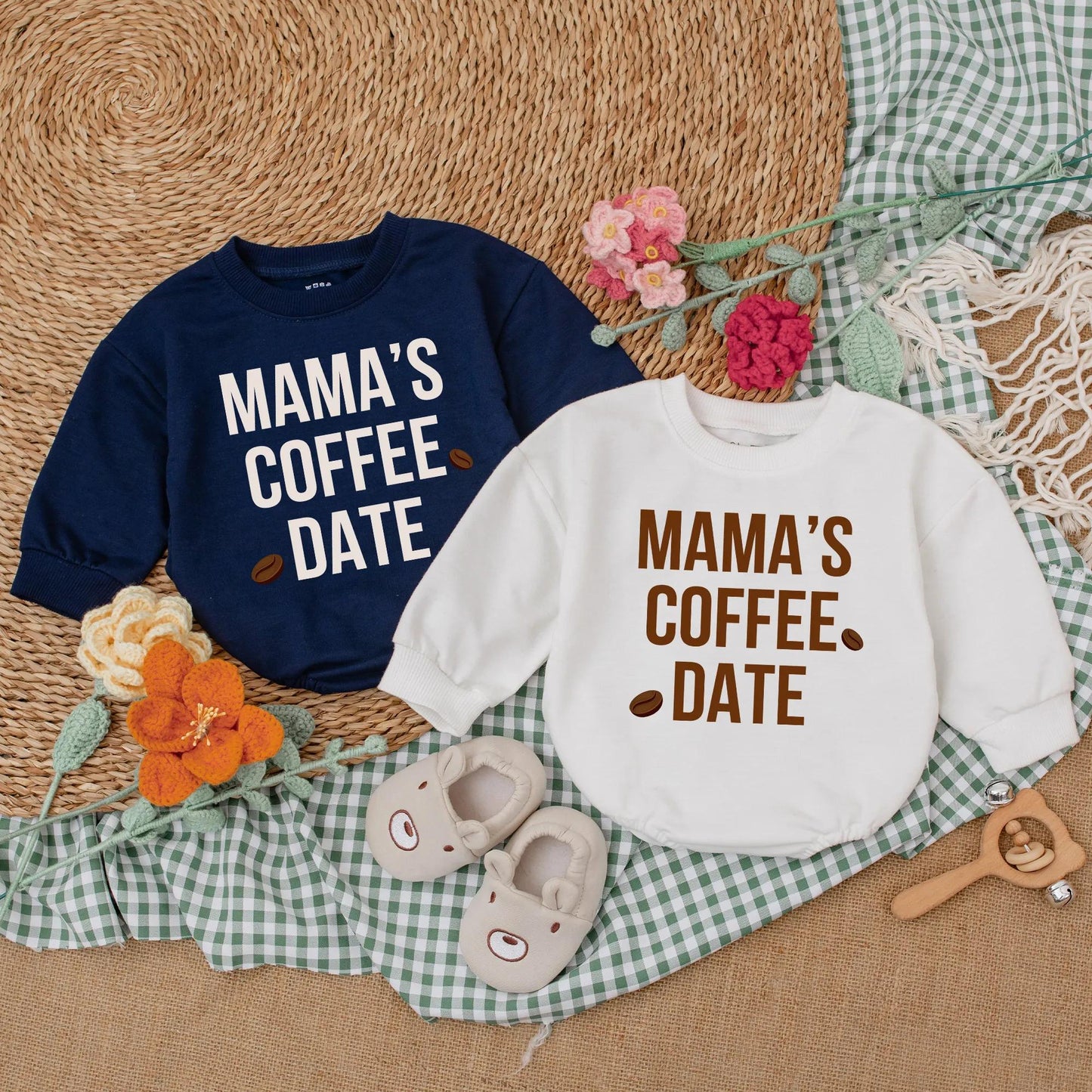 Mama's Coffee Date Baby Bubble Romper Long Sleeve Little Bean Bodysuit Neutral Cozy Minimalist Coming Home Outfit Trendy Baby Shower Gift