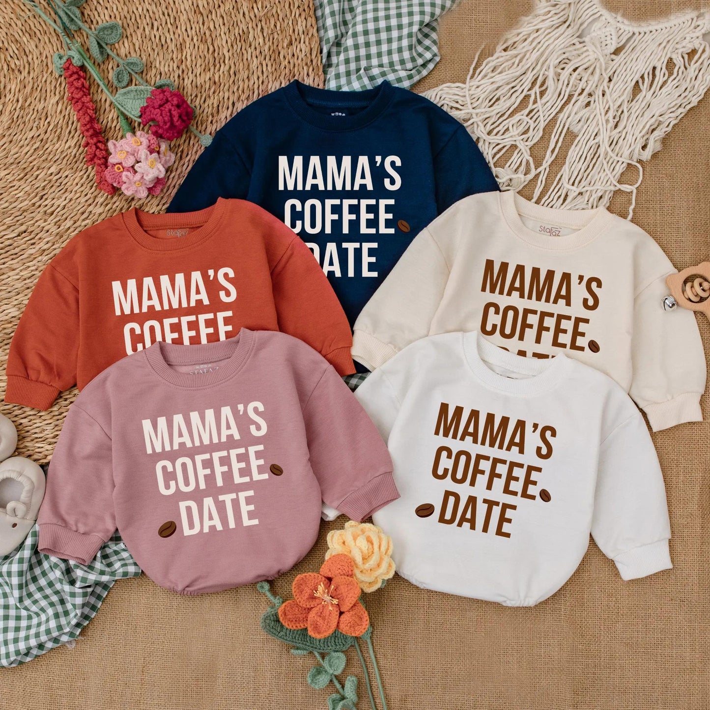 Mama's Coffee Date Baby Bubble Romper Long Sleeve Little Bean Bodysuit Neutral Cozy Minimalist Coming Home Outfit Trendy Baby Shower Gift