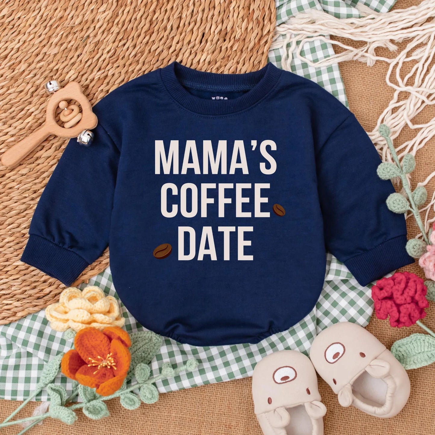 Mama's Coffee Date Baby Bubble Romper Long Sleeve Little Bean Bodysuit Neutral Cozy Minimalist Coming Home Outfit Trendy Baby Shower Gift