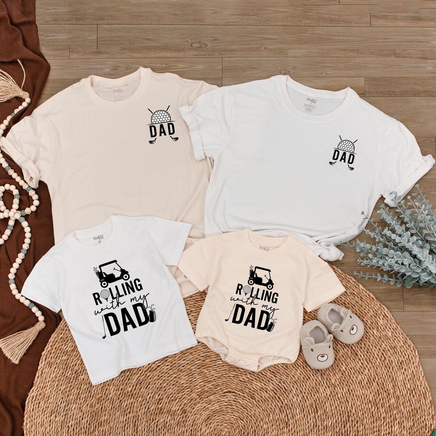 Rolling With My Dad Matching Golf Cart Shirt & Baby Bubble Romper Set Funny Father's Day Gift for Dads & Babies Monochromatic Design