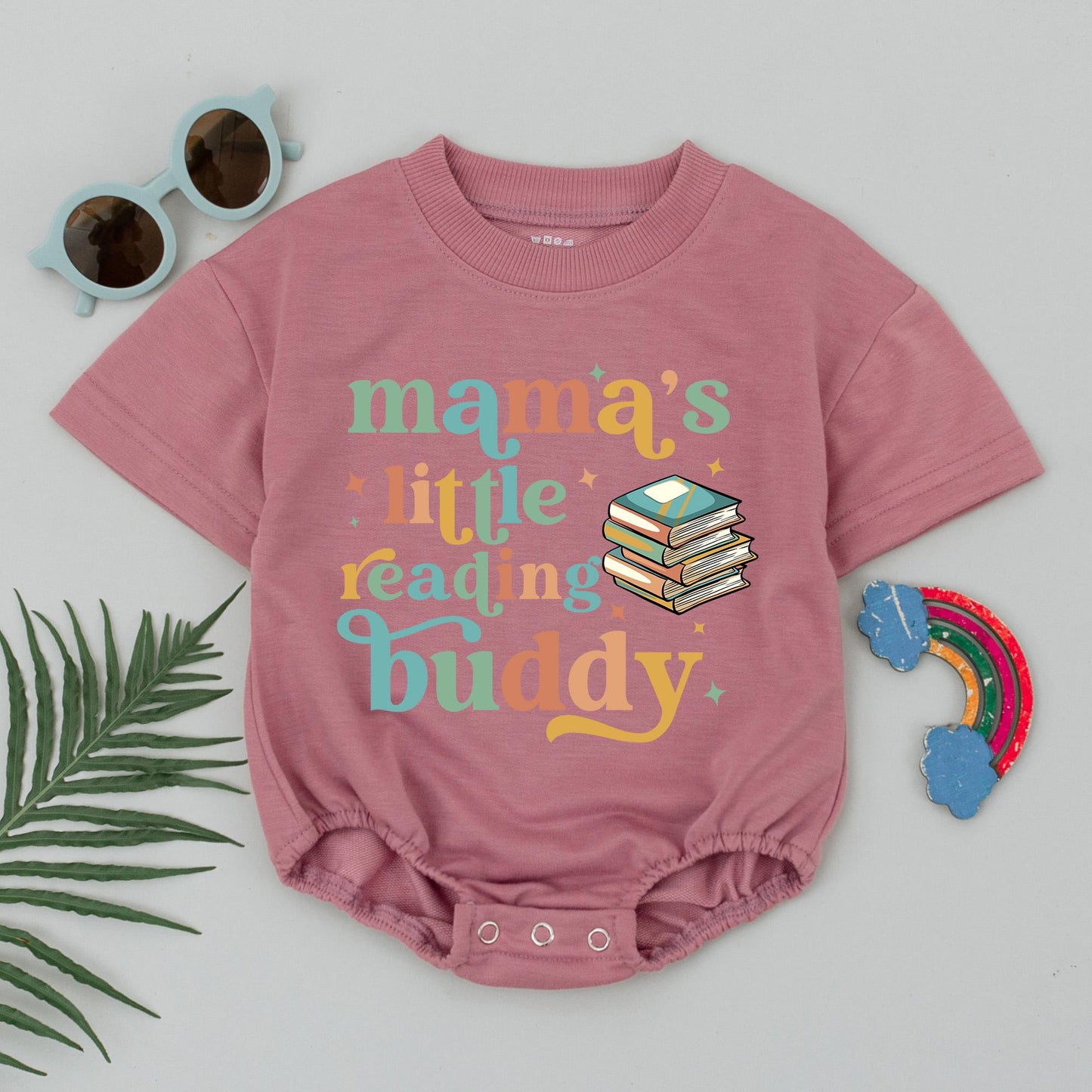 Mama's Little Reading Buddy Baby Romper with Playful Colorful Books and Stars Cute Book Lover Baby Shower Gift Outfit Bodysuit