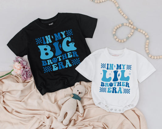 Personalized Big Brother Lil Brother Matching Outfits Retro Blue Checkerboard Era Shirt & Romper Sibling Boy Announcement Gift
