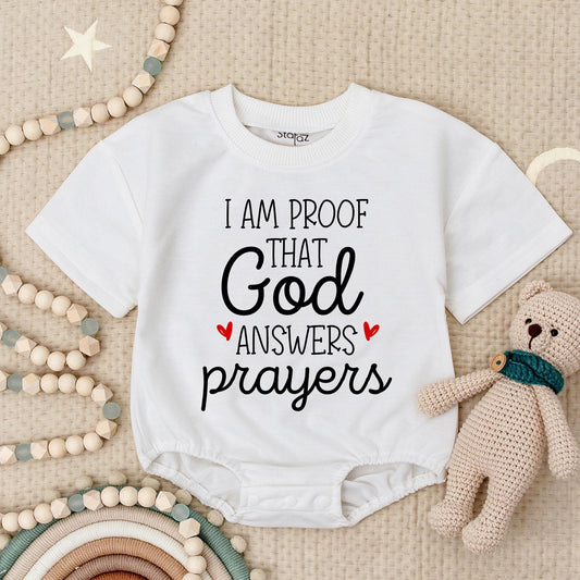 I Am Proof That God Answers Prayers Baby Romper Black Lettering Red Hearts Newborn Announcement Bodysuit Little Answered Prayer Pregnancy Reveal