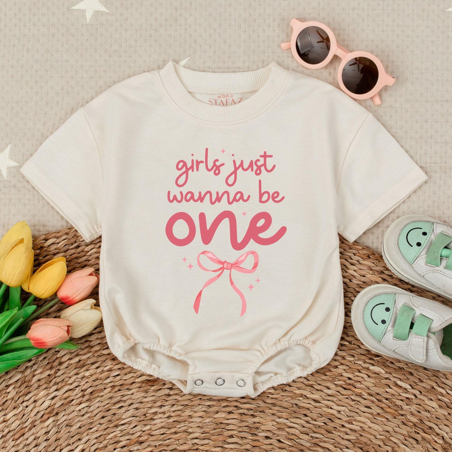 Pink Bow Girls Just Wanna Be One First Birthday Bubble Romper Outfit for Baby Girl 1st Party Celebration Soft Comfortable Cotton Apparel