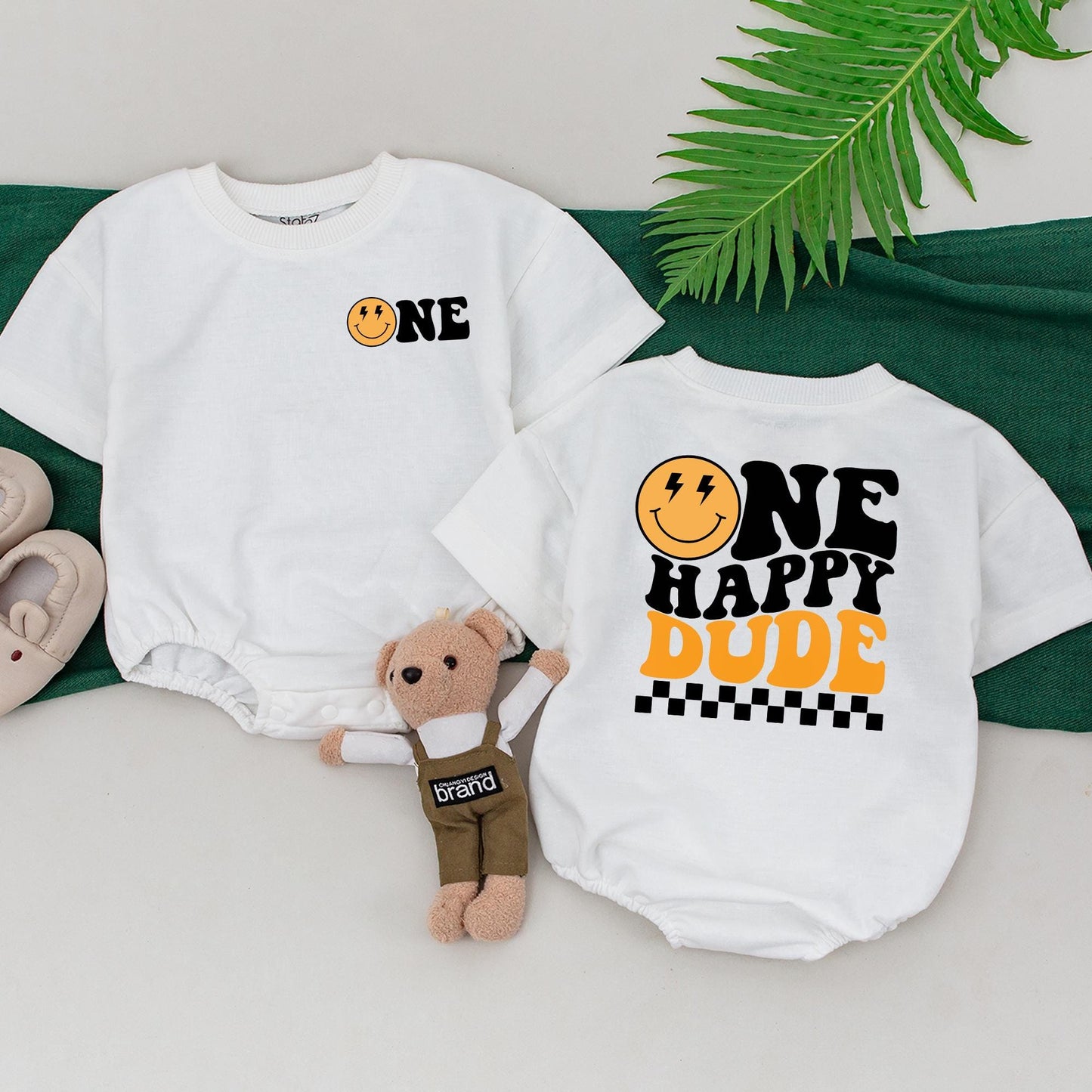 Matching One Happy Dude 1st Birthday Shirt Family Outfit, Happy Face Baby Boy Bodysuit, Wavy Letters Party Clothes