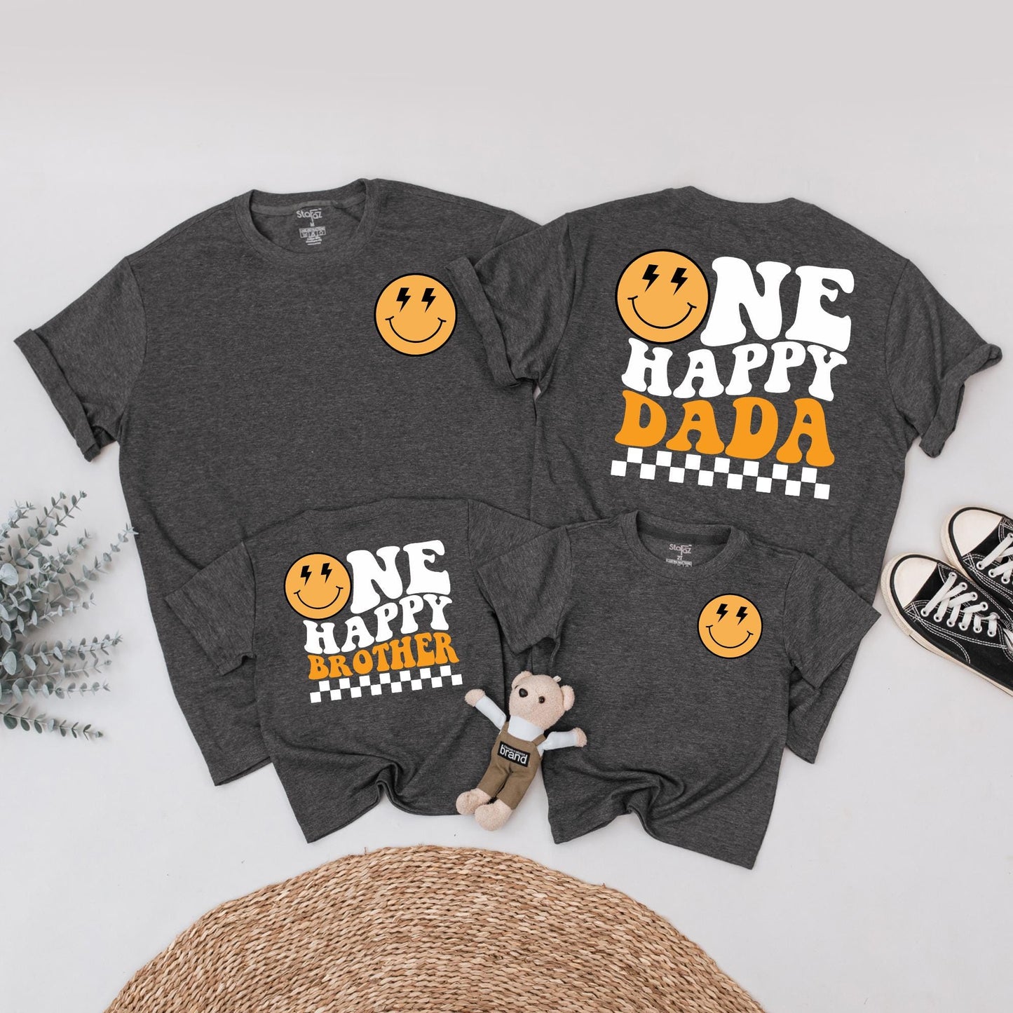 Matching One Happy Dude 1st Birthday Shirt Family Outfit, Happy Face Baby Boy Bodysuit, Wavy Letters Party Clothes