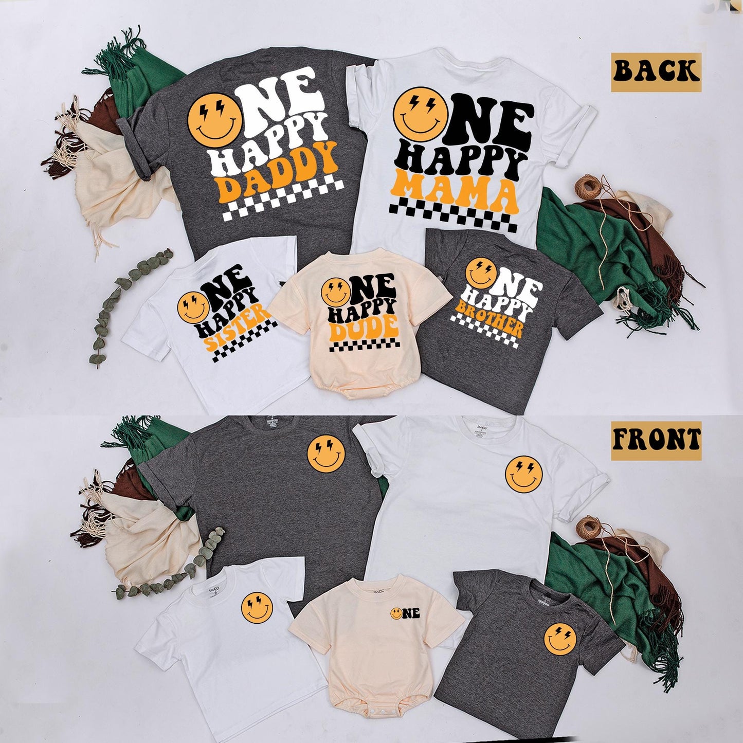 Matching One Happy Dude 1st Birthday Shirt Family Outfit, Happy Face Baby Boy Bodysuit, Wavy Letters Party Clothes