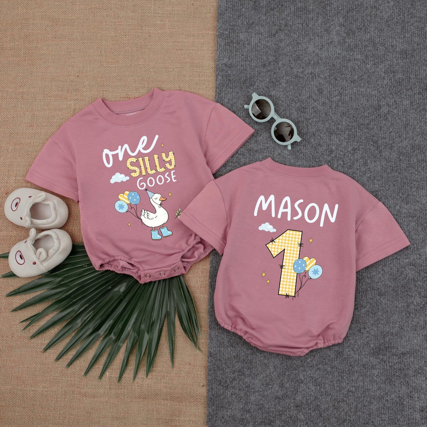 Custom "One Silly Goose" Boy Baby Bubble Romper – Personalized Baby Outfit – Funny Baby Boy Romper – Perfect for 1st Birthday or Photoshoots