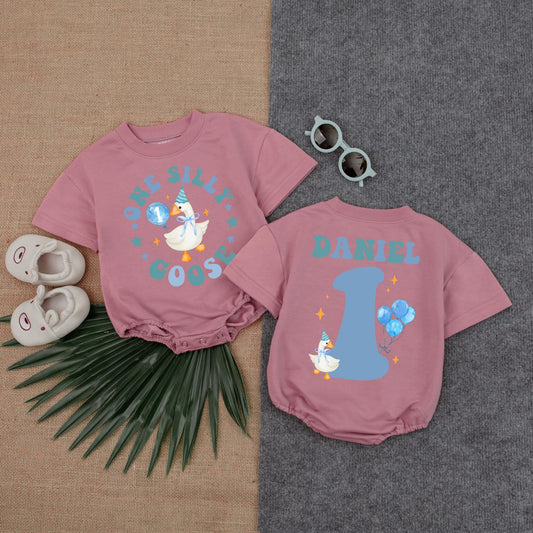Custom One Boy Silly Goose 1st Birthday Romper, Baby Boy Outfit, Silly Goose Bodysuit, First Birthday Gift, Short Sleeve Bubble Romper