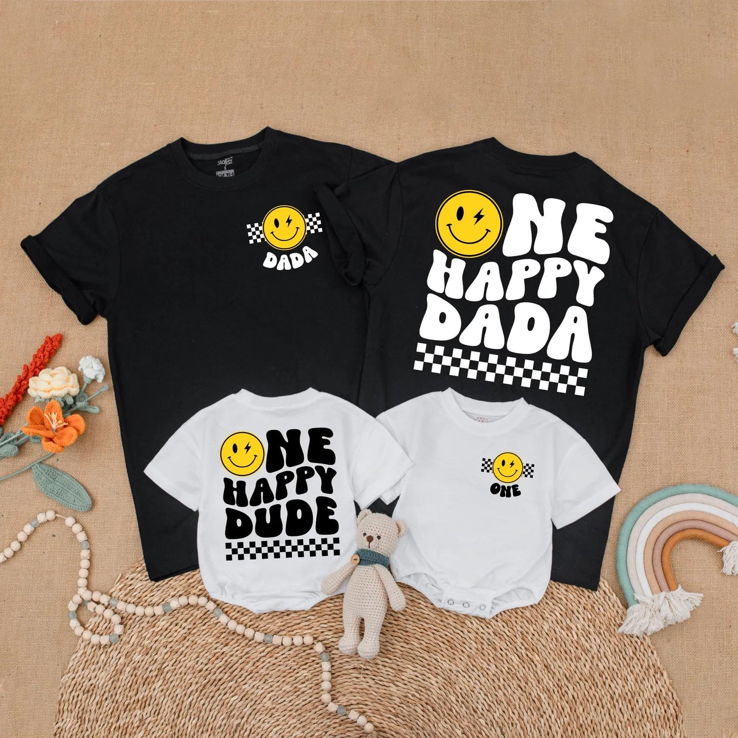 One Happy Dude First Birthday Matching Family Shirts with Happy Smiley Face Design for Baby Boy 1st Birthday Party Celebration Outfit