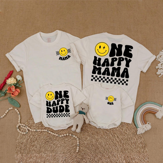 One Happy Dude First Birthday Matching Family Shirts with Happy Smiley Face Design for Baby Boy 1st Birthday Party Celebration Outfit