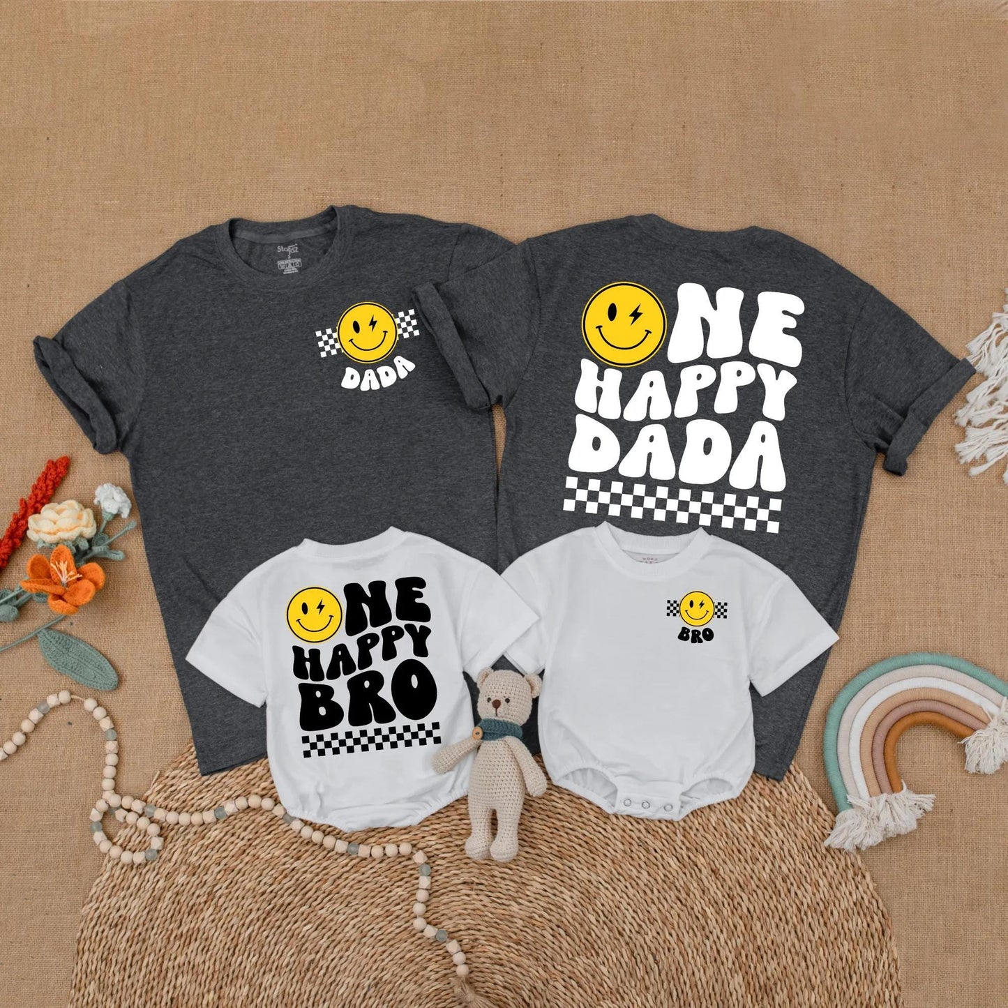 One Happy Dude First Birthday Matching Family Shirts with Happy Smiley Face Design for Baby Boy 1st Birthday Party Celebration Outfit
