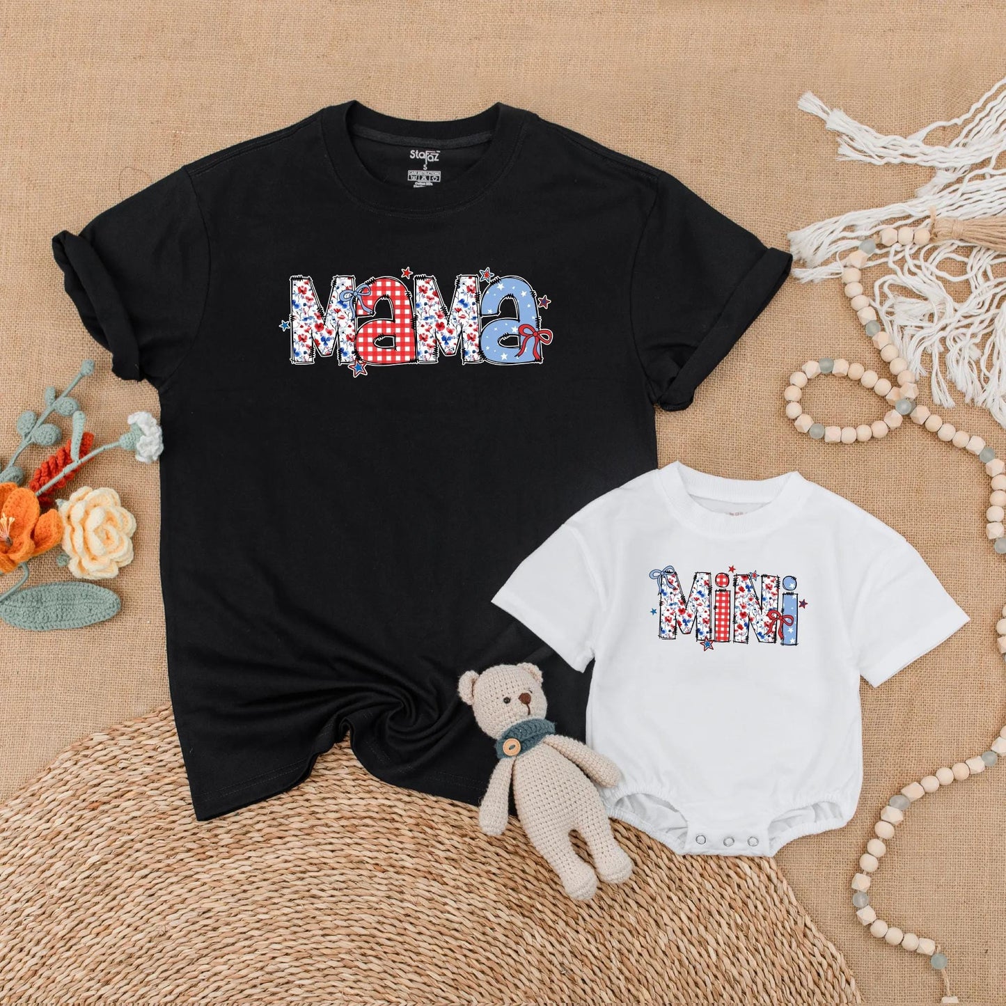 Patriotic Mama and Mini Matching Shirts - Retro American Flag 4th of July Outfits, Mommy and Me Independence Day Family