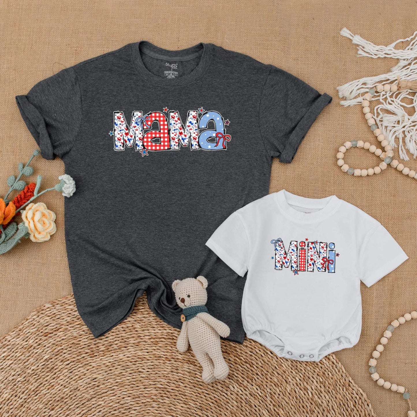 Patriotic Mama and Mini Matching Shirts - Retro American Flag 4th of July Outfits, Mommy and Me Independence Day Family