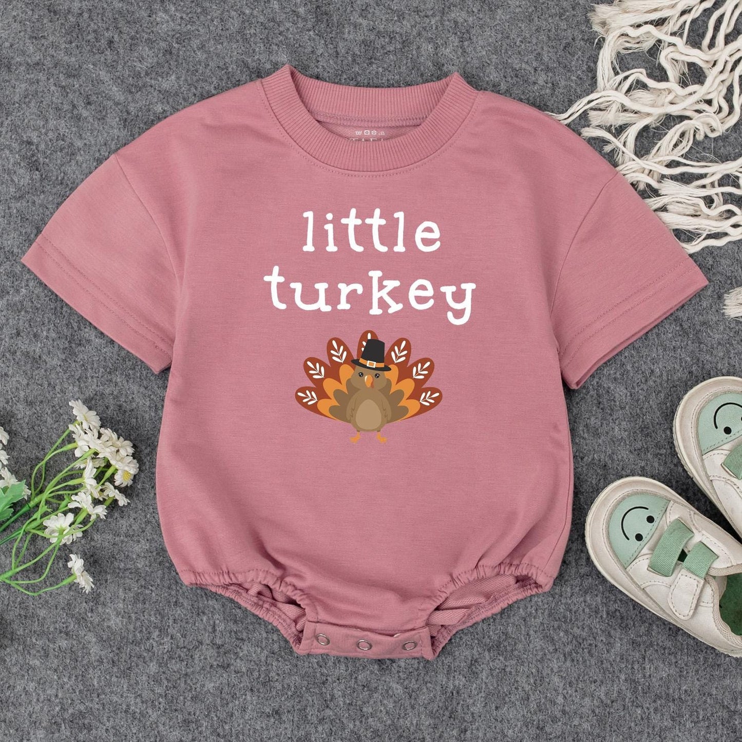 Little Turkey Thanksgiving Romper, Cute Cartoon Turkey Baby Outfit with Pilgrim Hat, First Thanksgiving Bodysuit, Thanksgiving Baby Shower Gift for Autumn Baby (139 chars)