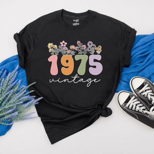 Custom 1975 Birthday Shirt for Women, Floral 50th Gift, Vintage 70s Aesthetic Outfit, Personalized Year Tee, Birthday Present for Her