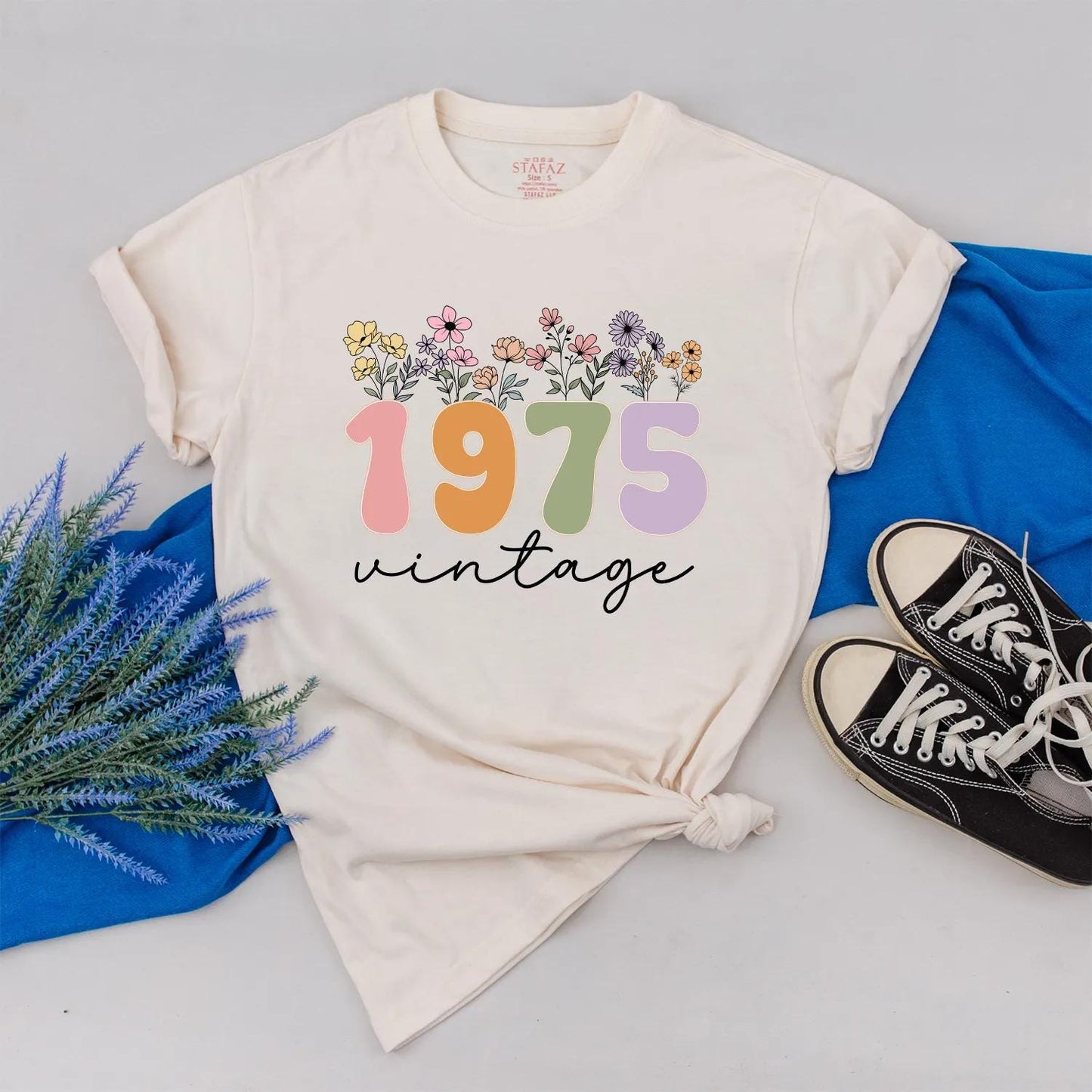 Custom 1975 Birthday Shirt for Women, Floral 50th Gift, Vintage 70s Aesthetic Outfit, Personalized Year Tee, Birthday Present for Her