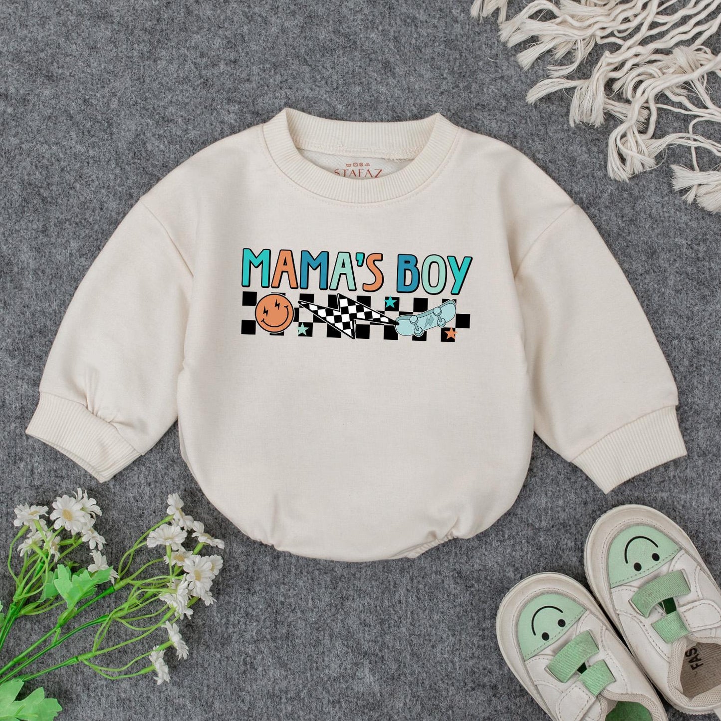 Retro Mama's Boy Romper: Groovy Checkered Bodysuit for Baby Boy, Fun Smiley Face Skateboard Outfit, Soft Cotton Clothes Gift Idea (138 chars)