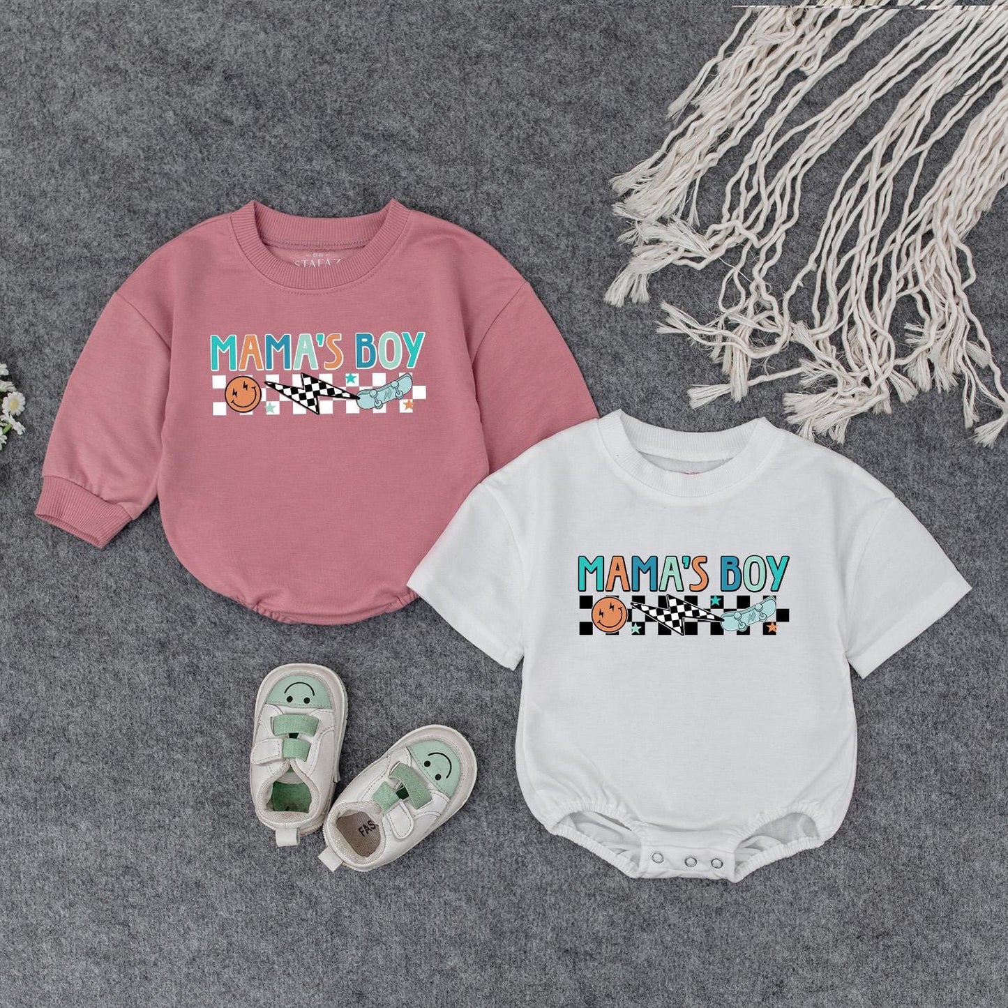 Retro Mama's Boy Romper: Groovy Checkered Bodysuit for Baby Boy, Fun Smiley Face Skateboard Outfit, Soft Cotton Clothes Gift Idea (138 chars)