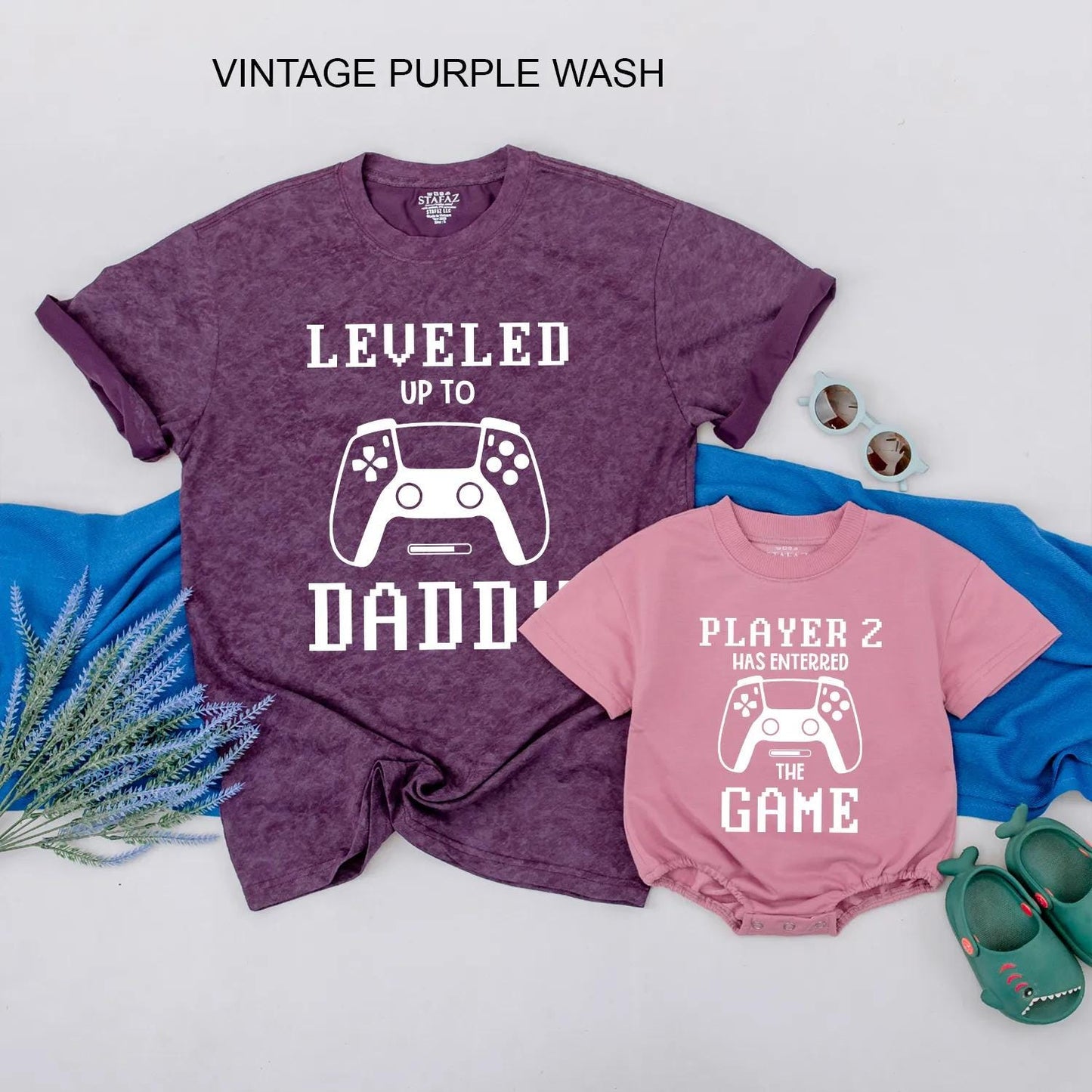 Gamer Dad Leveled Up to Daddy Player 2 Baby Romper Matching Outfits New Dad Gift Father's Day