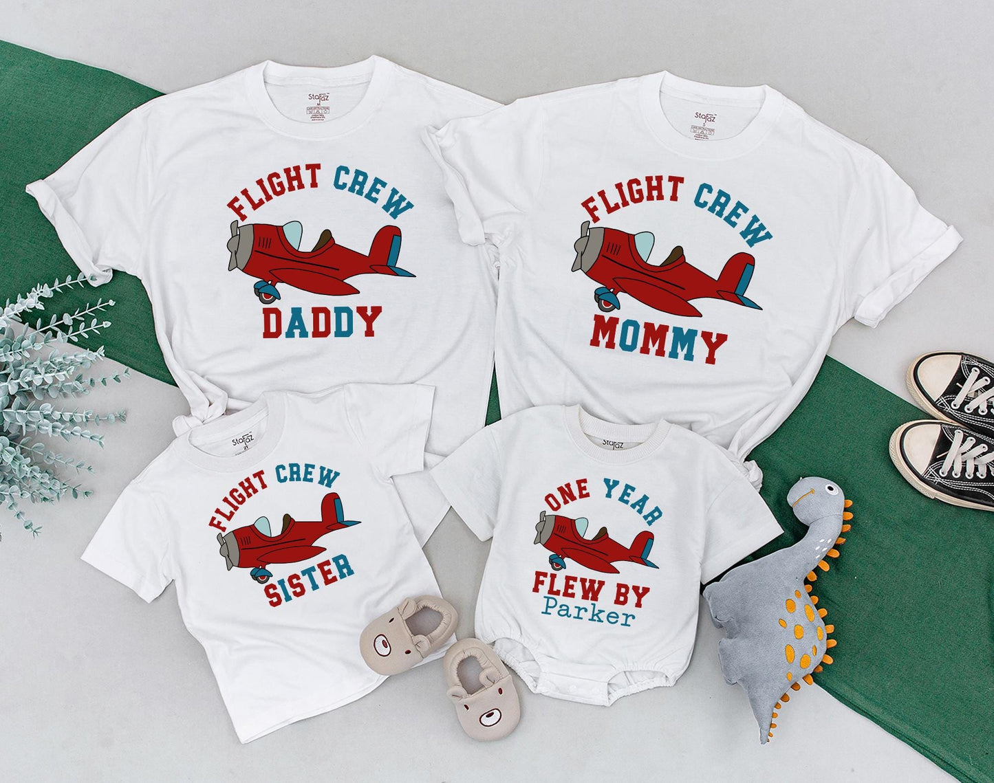 First Birthday Flight Crew Family Shirts: Custom Names Airplane Party Outfit, Birthday Boy's One Year Flew By, Dad Mom Brother Sister