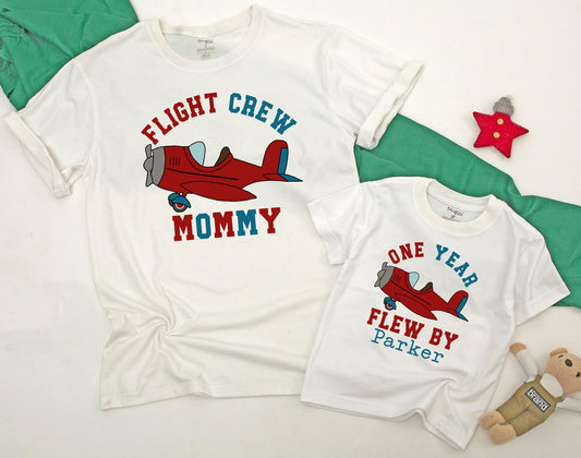 First Birthday Flight Crew Family Shirts: Custom Names Airplane Party Outfit, Birthday Boy's One Year Flew By, Dad Mom Brother Sister