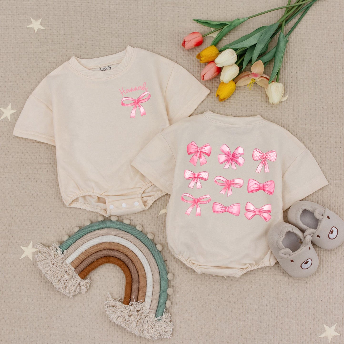 Hannah's Bow Romper: Baby Girl Clothes with Cute Pink Ribbon & Watercolor Bows, Newborn Outfit, Whimsical Bows Bodysuit, Soft Cotton First Baby Romper