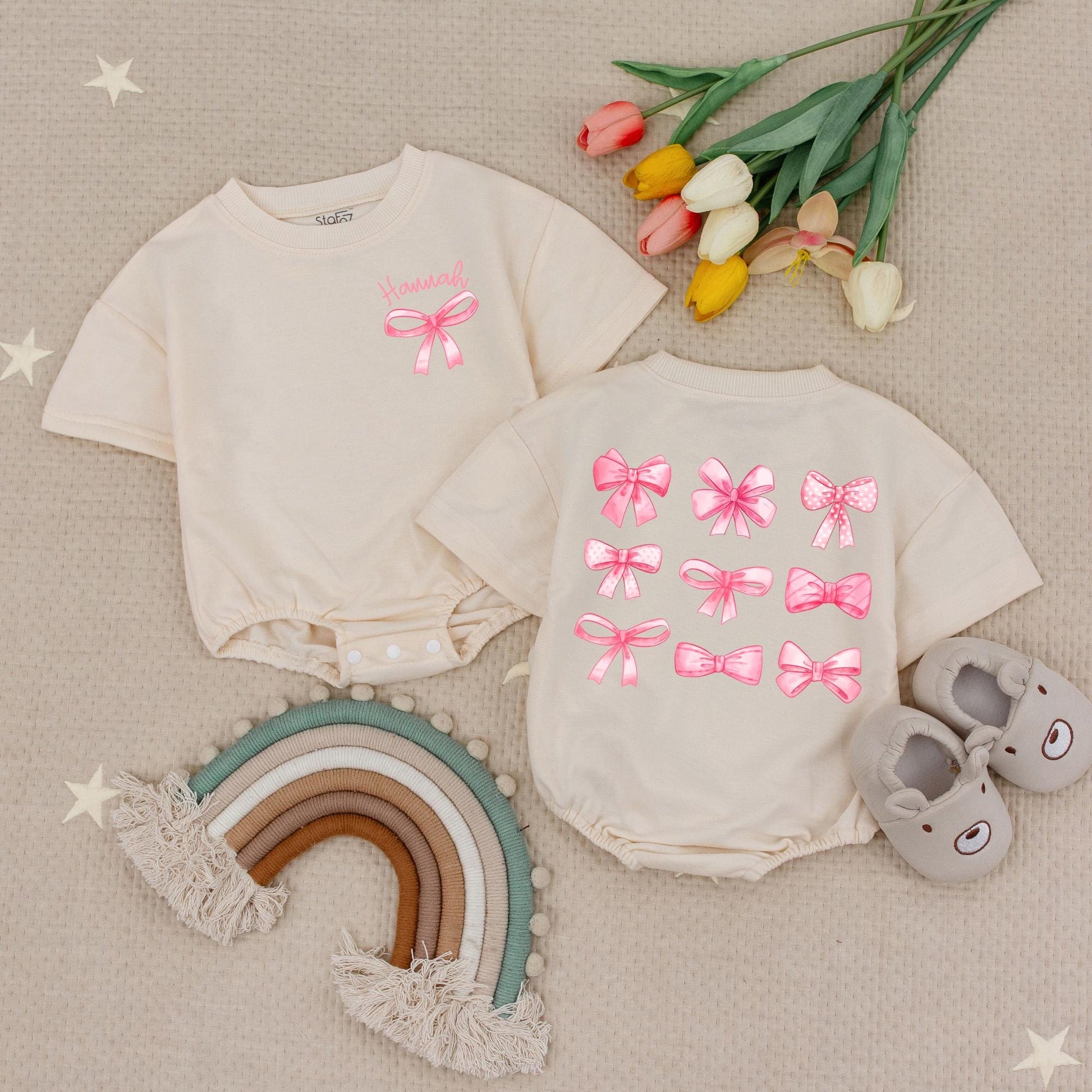 Hannah's Bow Romper: Baby Girl Clothes with Cute Pink Ribbon & Watercolor Bows, Newborn Outfit, Whimsical Bows Bodysuit, Soft Cotton First Baby Romper