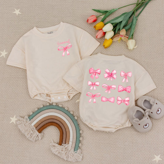 Hannah's Bow Romper: Baby Girl Clothes with Cute Pink Ribbon & Watercolor Bows, Newborn Outfit, Whimsical Bows Bodysuit, Soft Cotton First Baby Romper