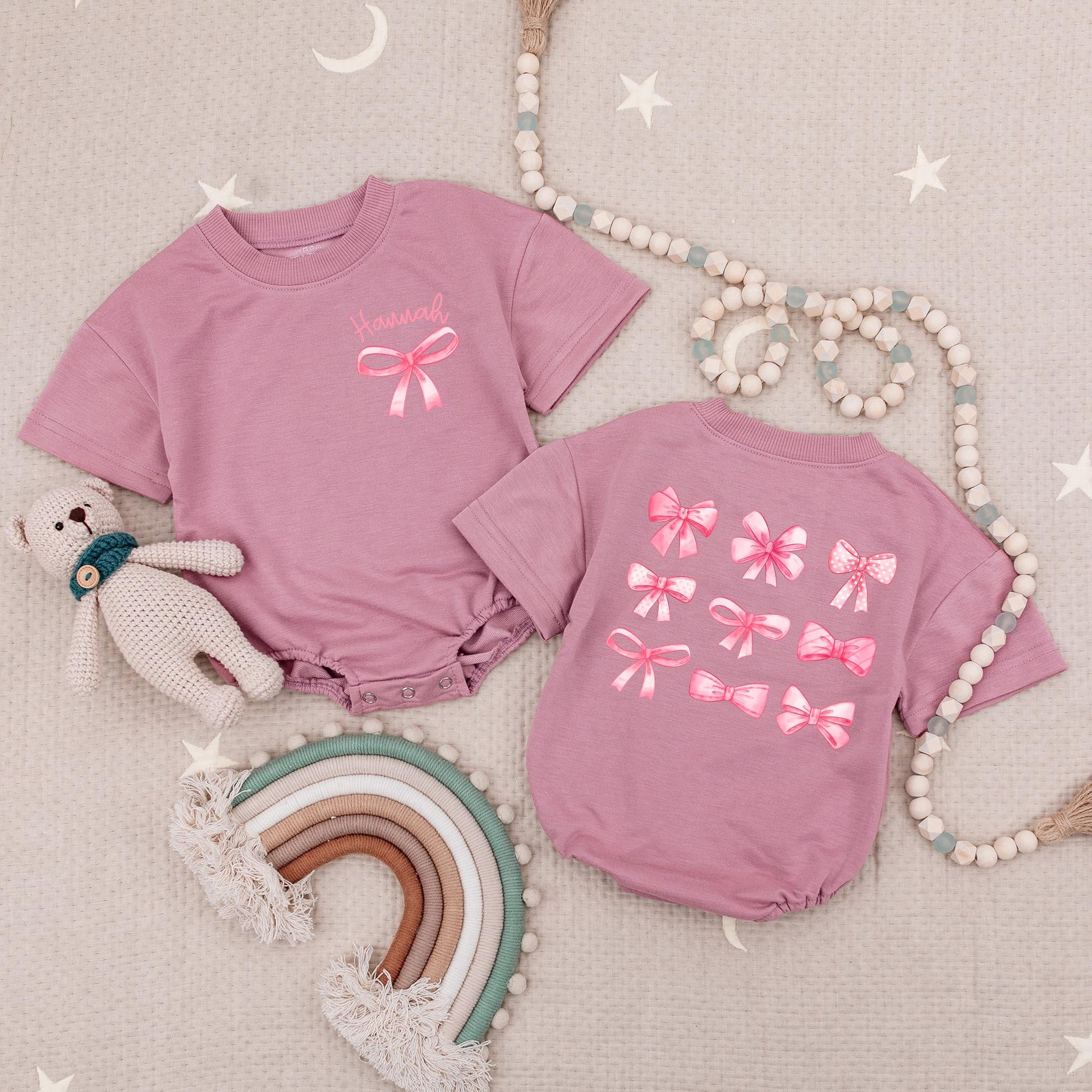 Hannah's Bow Romper: Baby Girl Clothes with Cute Pink Ribbon & Watercolor Bows, Newborn Outfit, Whimsical Bows Bodysuit, Soft Cotton First Baby Romper