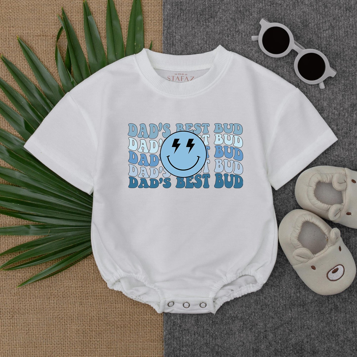 Dad’s Best Bud Smiley Face Romper Baby Boy Father’s Day Outfit Cute Bodysuit Happy Face Cotton Gift for Dad First Father’s Day
