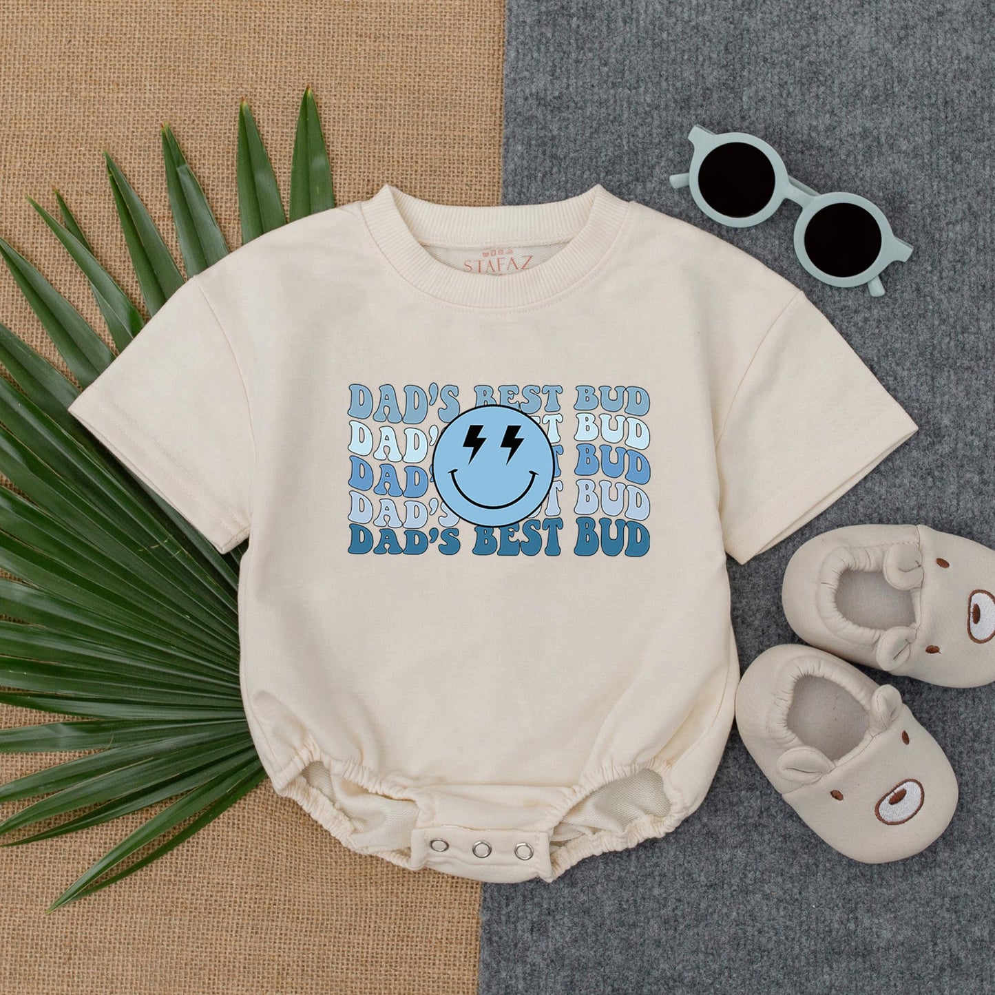 Dad’s Best Bud Smiley Face Romper Baby Boy Father’s Day Outfit Cute Bodysuit Happy Face Cotton Gift for Dad First Father’s Day