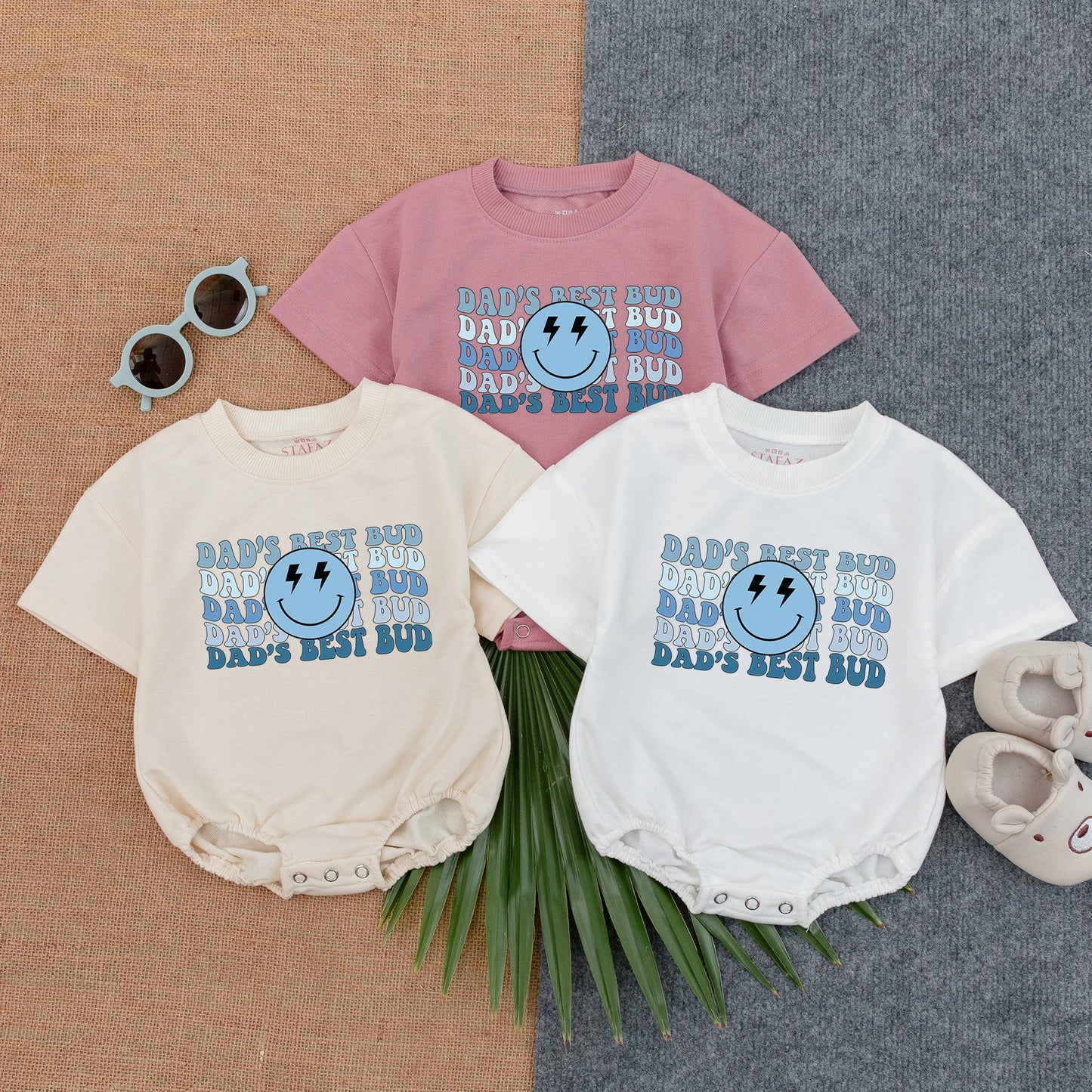 Dad’s Best Bud Smiley Face Romper Baby Boy Father’s Day Outfit Cute Bodysuit Happy Face Cotton Gift for Dad First Father’s Day