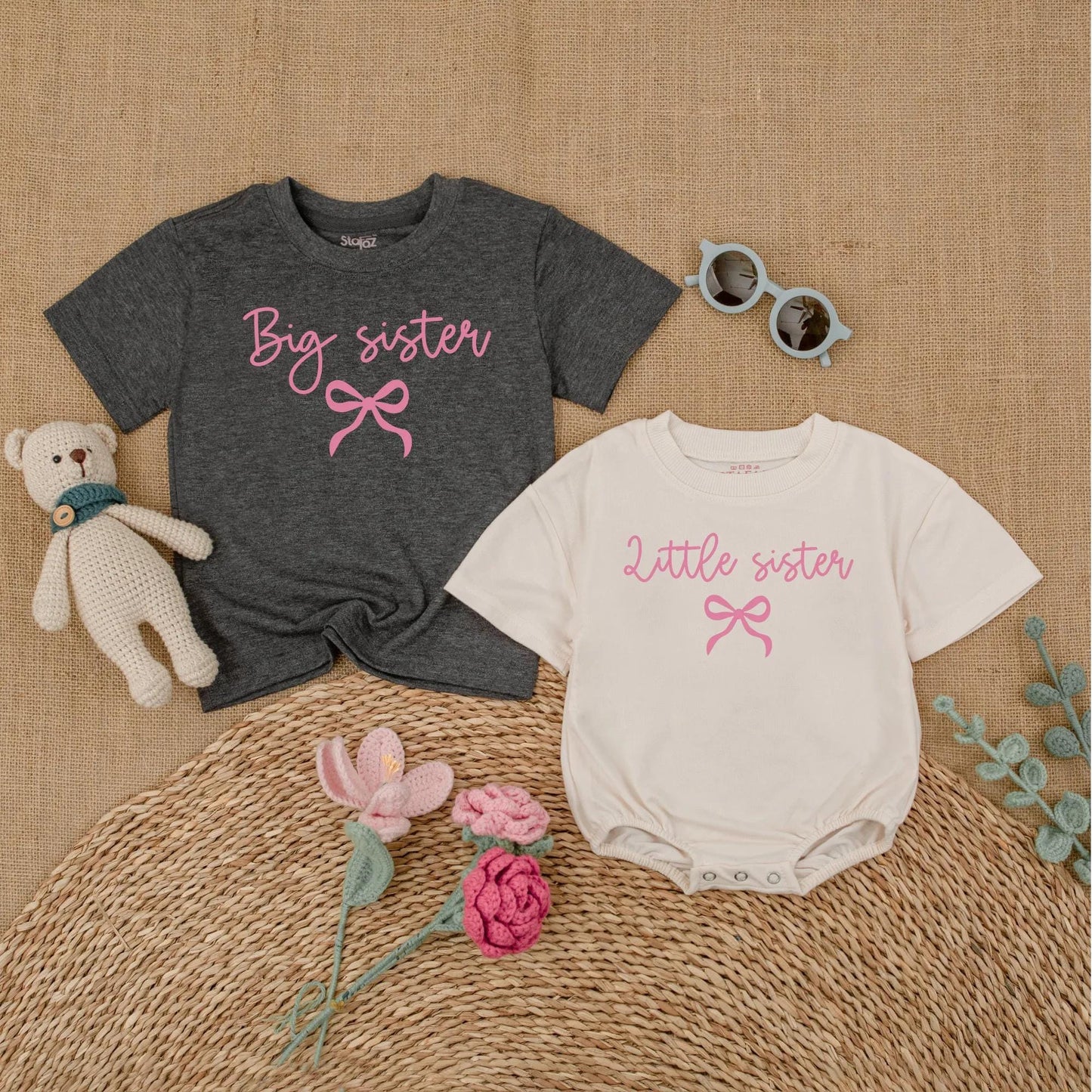 Pink Bow Big Sister Little Sister Matching Outfits Baby Girl Bubble Romper Toddler Tee Sibling Sister Set