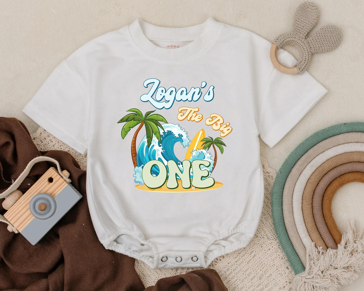 The Big One Bubble Romper Custom Surf Birthday Shirt Beach Theme Party Outfit Personalized Boy First Birthday Gift