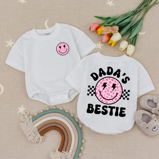 Dada's Bestie Baby Girl Romper with Pink Leopard Smiley Face & Lightning Bolts Outfit, Daddy's Girl Gift
